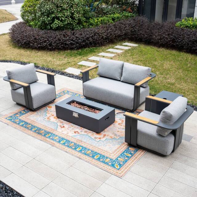 MIMO 4-Seater Garden Aluminum Teak Armrest Sofa Set with Iron Firepit Table in Grey - Size: 4 Person - image 1