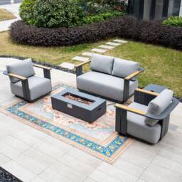 MIMO 4-Seater Garden Aluminum Teak Armrest Sofa Set with Iron Firepit Table in Grey - Size: 4 Person