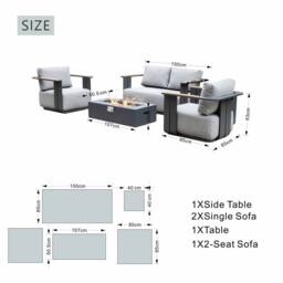 MIMO 4-Seater Garden Aluminum Teak Armrest Sofa Set with Iron Firepit Table in Grey - Size: 4 Person - thumbnail 9