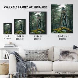 "Artery8 Viking Shield Maiden Warrior Statue in Forest Wall Art Print in Green - Size: W18"" x H24""" - thumbnail 3