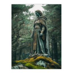 "Artery8 Viking Shield Maiden Warrior Statue in Forest Wall Art Print in Green - Size: W18"" x H24""" - thumbnail 1