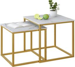 Huhote Nesting Tables 2 Set White Marble Finish Top Metal Frame End Table Side Table in Gold - thumbnail 2