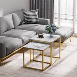 Huhote Nesting Tables 2 Set White Marble Finish Top Metal Frame End Table Side Table in Gold - thumbnail 7