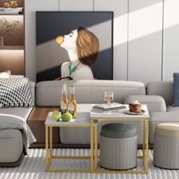 Huhote Nesting Tables 2 Set White Marble Finish Top Metal Frame End Table Side Table in Gold - thumbnail 8
