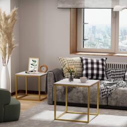 Huhote Nesting Tables 2 Set White Marble Finish Top Metal Frame End Table Side Table in Gold - thumbnail 5