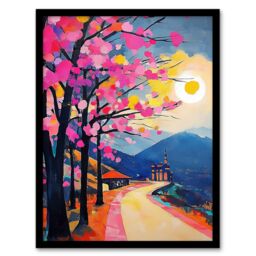 Artery8 Hallstatt Austria Colourful Abstract Painting Framed Art Print in Pink - Size: A4 - thumbnail 1