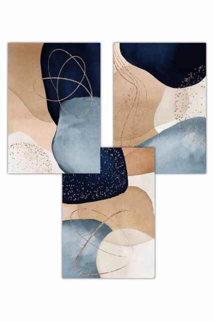 ARTZE Set of 3 Abstract Blue, Beige, Gold Shapes Art Posters in Navy - Size: W50 cm x H70 cm - image 1