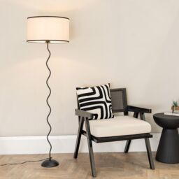 ValueLights Wiggle Black Metal Stem Floor Lamp with Linen Black Trim Lamp Shade & LED Bulb