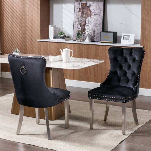 HomeTouch Set of 2 Luxie Velvet Dining Chairs with Steel Legs in Black - Size: 2 Pack - image 1