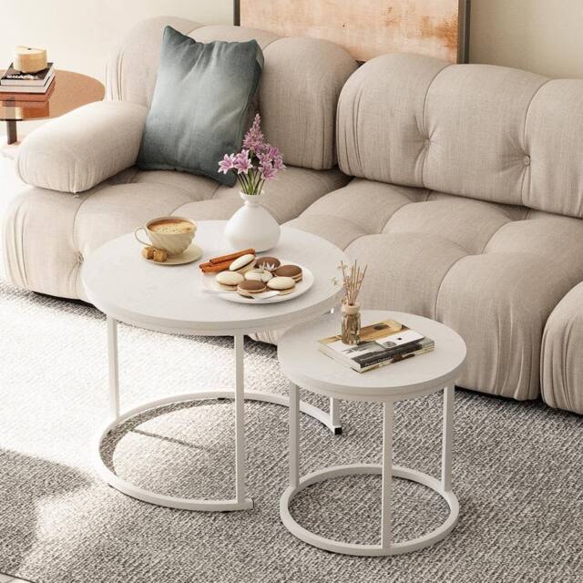 Huhote Round Nesting Coffee Tables Set of 2 End Side Table with Metal Frame in White - image 1