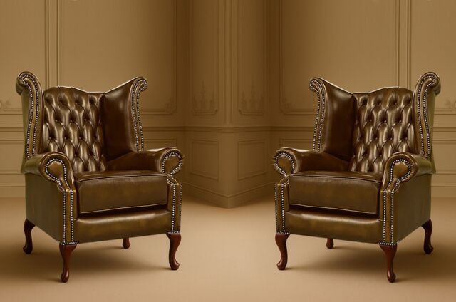 Somnior 2 Leather Chesterfield Wingback Scrolled Arm Chair Set UK Manufactured in Tan - Size: 1 Seater - image 1