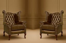 Somnior 2 Leather Chesterfield Wingback Scrolled Arm Chair Set UK Manufactured in Tan - Size: 1 Seater