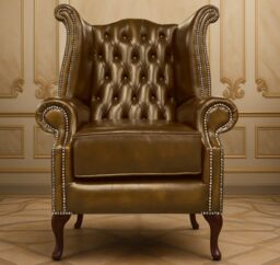 Somnior 2 Leather Chesterfield Wingback Scrolled Arm Chair Set UK Manufactured in Tan - Size: 1 Seater - thumbnail 3