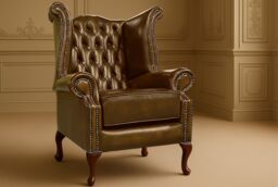 Somnior 2 Leather Chesterfield Wingback Scrolled Arm Chair Set UK Manufactured in Tan - Size: 1 Seater - thumbnail 2
