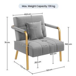 VOGREX Grey Velvet Accent Armchair Golden Legs Pillow Living Room - thumbnail 2