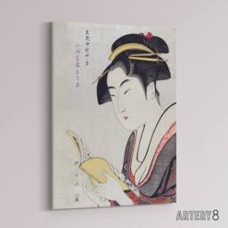 "Artery8 Woman Portrait With Book Canvas Wall Art Print Utamaro Kitagawa in Grey - Size: W18"" x H24""" - thumbnail 2