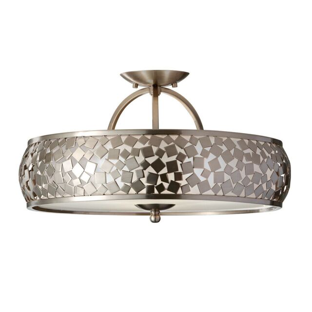 Loops 3 Bulb Semi Flush Light Metal Pieces Organza Shade Brushed Steel LED E27 60W in Metallics