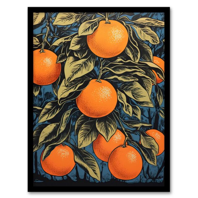 Artery8 Orange Grove On Teal Kitchen Artwork Interior Decor Painting Art Print Framed Poster Wall Decor in Black - Size: A4 - image 1