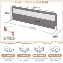 Costway Bed Rail Guard for Toddlers 180CM Foldable Baby Bed Rail w/ Safety Strap in Grey - thumbnail 2