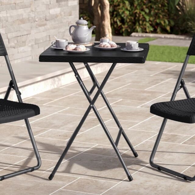 EONLION 60cm Black Rattan Wood Look Square Folding Table Outdoor Garden Patio - image 1