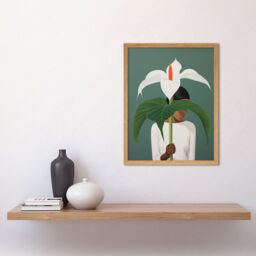 Artery8 Wall Art Print Giant Peace Lily Showcase Realistic Oil Painting White Teal Green Woman with Flower Minimalist Artwork Art Framed - thumbnail 2