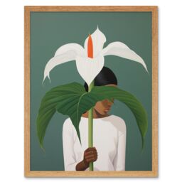 Artery8 Wall Art Print Giant Peace Lily Showcase Realistic Oil Painting White Teal Green Woman with Flower Minimalist Artwork Art Framed - thumbnail 1