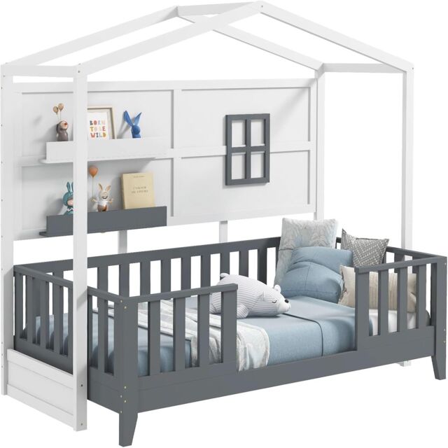 Gymax Single House Shaped Bed Frame With 2 Shelves & Guardrails Montessori Bed in Grey - image 1