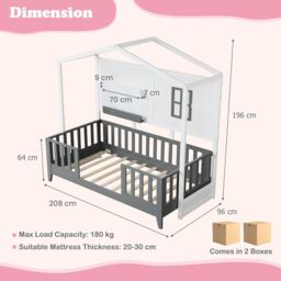 Gymax Single House Shaped Bed Frame With 2 Shelves & Guardrails Montessori Bed in Grey - thumbnail 2