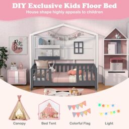 Gymax Single House Shaped Bed Frame With 2 Shelves & Guardrails Montessori Bed in Grey - thumbnail 6
