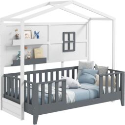 Gymax Single House Shaped Bed Frame With 2 Shelves & Guardrails Montessori Bed in Grey - thumbnail 1