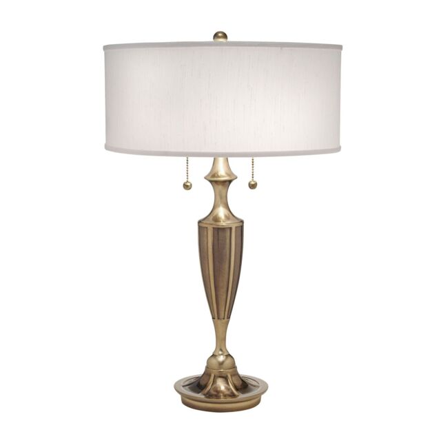 Loops 2 Bulb Twin Table Lamp Zinc Cast Off-White Shade Burnished Brass LED E27 60W in White