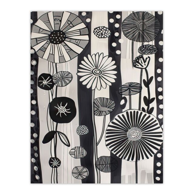 "Artery8 Abstract Black White Wildflowers Stripes Artwork Wall Art Print in Grey - Size: W18"" x H24""" - image 1