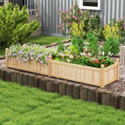 Gymax Wood Raised Garden Bed Large Planter Box With Divider-Natural in Light Khaki - thumbnail 6