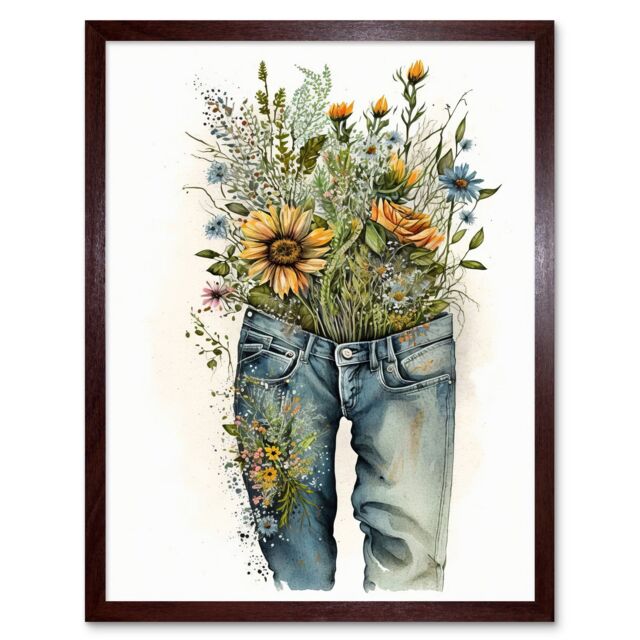 "Artery8 Wall Art Print Spring Wildflowers Bursting out of a Pair of Jeans Art Framed in Brown - Size: W12"" x H16""" - image 1