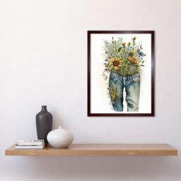 "Artery8 Wall Art Print Spring Wildflowers Bursting out of a Pair of Jeans Art Framed in Brown - Size: W12"" x H16""" - thumbnail 2