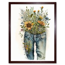 "Artery8 Wall Art Print Spring Wildflowers Bursting out of a Pair of Jeans Art Framed in Brown - Size: W12"" x H16""" - thumbnail 1