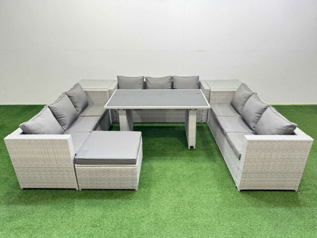 Fimous Patio Outdoor Garden Furniture Sets with 2 Side Tables Big Stool in Light Grey