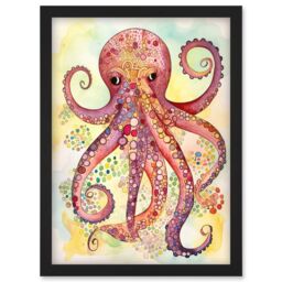Artery8 Octopus Portrait Bright Folk Art Watercolour Painting Artwork Framed Wall Art Print A4 in Black - thumbnail 1