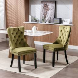 Modern Home Touch Romsey Set of 2 Velvet Upholstered Dining Chairs with Oak Legs & Knocker Ring Back in Green - Size: 2 Pack - thumbnail 1