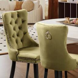 Modern Home Touch Romsey Set of 2 Velvet Upholstered Dining Chairs with Oak Legs & Knocker Ring Back in Green - Size: 2 Pack - thumbnail 3