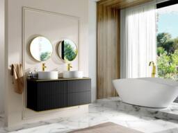 Vente-unique Fluted Wall-Hung Bathroom Unit With Gold Trim & Round Double in Black