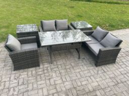 Fimous Wicker Rattan Garden Dining Set Outdoor Furniture Sofa with Dining Table Double Seat Sofa 2 Side Tables Dark Grey Mixed - thumbnail 2