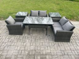 Fimous Wicker Rattan Garden Dining Set Outdoor Furniture Sofa with Dining Table Double Seat Sofa 2 Side Tables Dark Grey Mixed - thumbnail 1