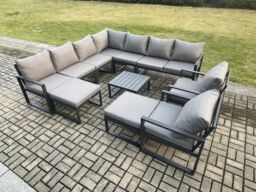 Fimous Aluminium Outdoor Garden Furniture Set Lounge Corner Sofa 2 Pcs Chair Square Coffee Table Sets with 2 Big Footstools Dark Grey - thumbnail 1