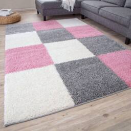 THE RUGS Soft Pink Ivory Check High Pile Shaggy Rugs & Runners Living Room - Size: 80 cm x 150 cm - thumbnail 1