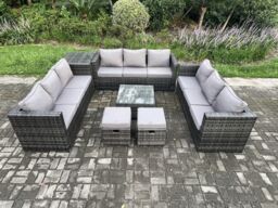 Fimous 11 Seater Outdoor Rattan Garden Furniture Set Patio Lounge Sofa Set with Side Table Square Coffee Table in Dark Grey - thumbnail 1