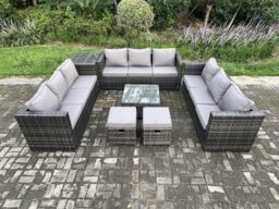 Fimous 11 Seater Outdoor Rattan Garden Furniture Set Patio Lounge Sofa Set with Side Table Square Coffee Table in Dark Grey - thumbnail 2