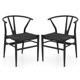 Costway Wishbone Dining Chair Set of 2 Modern Weave Armchairs in Black - thumbnail 1
