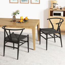 Costway Wishbone Dining Chair Set of 2 Modern Weave Armchairs in Black - thumbnail 5