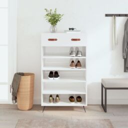 Berkfield Home Shoe Cabinet High Gloss White 60x35x105 cm Engineered Wood - Size: 60 x 35 x 105 cm